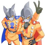  2boys belt black_gloves blue_cape boots cape commentary dragon_ball dragon_ball_super dragon_ball_super_super_hero english_commentary gamma_1 gamma_2 gloves hand_on_hip hand_on_own_chin highres jenxd_d knee_boots male_focus multiple_boys red_cape smile v 