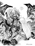  1boy 1girl ? camazotz_(fate) chaps claws commentary dark-skinned_male dark_skin fate/grand_order fate_(series) greyscale headdress headpat kukulkan_(fate) long_hair monochrome senka-san sitting spoken_question_mark squatting symbol-only_commentary tattoo twitter_username wings 