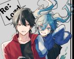  1boy 1girl annoyed black_eyes black_hair black_shirt black_skirt blue_eyes blue_hair blue_jacket casual collarbone colored_eyelashes commentary ene_(kagerou_project) english_text floating_hair grey_background grin hair_between_eyes hand_on_another&#039;s_shoulder highres holding jacket junjam kagerou_project kisaragi_shintarou looking_at_viewer looking_to_the_side mekakucity_actors open_clothes open_jacket open_mouth pleated_skirt red_jacket sanpaku shirt short_hair sketch skirt sleeves_past_wrists smile sweat t-shirt teeth track_jacket tsurime twintails upper_body very_long_sleeves zipper 