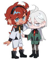  2girls ahoge asticassia_school_uniform black_footwear black_hairband blue_eyes boots chibi full_body gold_trim green_jacket green_shorts grey_eyes grey_hair gundam gundam_suisei_no_majo hair_between_eyes hairband highres jacket jacket_tug long_hair long_sleeves looking_at_viewer low_ponytail miorine_rembran molu_stranger multi-tied_hair multiple_girls open_mouth pale_skin pantyhose redhead school_uniform short_hair_with_long_locks shorts smile suletta_mercury white_background white_jacket white_shorts 