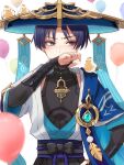  1boy animal_on_shoulder armor balloon bangs bird bird_on_shoulder black_bow black_sash black_shirt black_shorts blue_hair blue_headwear blue_ribbon blue_sash blue_vest blunt_ends blush bow commentary_request covering_mouth dark_blue_hair genshin_impact gold_trim hand_on_hip hand_up hat highres japanese_armor jewelry jingasa kote kurokote looking_away male_focus nagatukiarare open_clothes open_vest parted_bangs pom_pom_(clothes) red_eyeliner ribbon rope sash scaramouche_(genshin_impact) shirt short_hair short_sleeves shorts sleeveless sleeveless_shirt solo straight-on two-tone_vest v-shaped_eyebrows vest violet_eyes vision_(genshin_impact) wanderer_(genshin_impact) white_background white_vest 