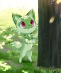  :&lt; animal_focus bloom cat closed_mouth commentary_request day flying_sweatdrops full_body grass highres kaminokefusa light_particles looking_up no_humans outdoors pokemon pokemon_(creature) red_eyes sprigatito standing sunlight tree 