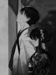  1boy 1girl adam&#039;s_apple bangs closed_mouth eyelashes flower greyscale hair_bun hair_flower hair_ornament haori japanese_clothes kimono long_hair long_sleeves looking_at_viewer looking_away looking_up mao_(takahashi_rumiko) mitazono_mei monochrome obi official_alternate_hairstyle profile renji_(mao) roku_(tsua-kihuyu) sash short_hair side-by-side sidelocks sideways_glance single_hair_bun updo upper_body 