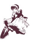  1girl alternate_costume apron bangs between_legs boots closed_mouth collared_dress cross-laced_footwear dress enmaided frilled_apron frills full_body hand_between_legs hand_on_own_chin hand_up head_rest invisible_chair kiba_nanoka knees_up lace-up_boots long_sleeves looking_at_viewer maid maid_apron maid_headdress mao_(takahashi_rumiko) monochrome petalo55 pigeon-toed ribbon-trimmed_hairband short_hair simple_background sitting solo 