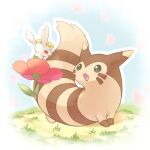  :d ^_^ closed_eyes commentary_request falling_petals flabebe flabebe_(red) flower furret grass green_eyes no_humans open_mouth petals pokemon pokemon_(creature) putto red_flower smile tongue 
