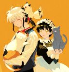  1boy 1girl :3 alternate_costume animal animal_on_head apron bangs black_dress black_hair bow bowtie breasts buyo_(inuyasha) calico cat climbing closed_eyes closed_mouth collared_dress collared_shirt creator_connection crossover dress dress_shirt dyed_bangs enmaided frilled_apron frilled_hairband frills grey_vest haimaru hairband hands_up holding holding_animal in_palm inuyasha kiba_nanoka kirara_(inuyasha) long_hair long_sleeves looking_at_another looking_away looking_to_the_side low_ponytail maid maid_apron maid_headdress mao_(mao) mao_(takahashi_rumiko) multiple_tails on_head one-eyed ponytail red_bow red_bowtie ribbon-trimmed_hairband roku_(tsua-kihuyu) scar scar_on_cheek scar_on_face shirt short_hair sitting smile tail two_tails upper_body vest white_apron white_hair white_shirt wing_collar yellow_background yellow_eyes yellow_theme 