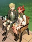  1boy 1girl ascot asticassia_school_uniform black_footwear black_hairband black_socks blonde_hair breasts chestnut_ann cup earrings elan_ceres food gold_trim grass green_jacket green_shorts gundam gundam_suisei_no_majo hair_between_eyes hairband highres holding holding_cup holding_food jacket jewelry loafers long_sleeves looking_at_another low_ponytail medium_breasts outdoors parted_lips redhead school_uniform shoes short_hair short_hair_with_long_locks shorts sitting socks suletta_mercury talking tassel tassel_earrings thick_eyebrows tile_floor tiles white_ascot white_jacket white_shorts 