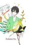  1boy black_eyes black_hair book bright_pupils cardigan closed_mouth collared_shirt commentary commentary_typo cropped_torso english_commentary english_text floating floating_object green_cardigan hair_between_eyes highres intravenous_drip kagerou_project kokonose_haruka leaf long_sleeves looking_at_viewer male_focus medicine notebook open_book pale_skin paper shirt simple_background smile solo upper_body white_background white_pupils white_shirt woodegi 