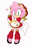  1girl amy_rose animal back_bow closed_mouth dress eyebrows_visible_through_hair eyelashes food frilled_dress frilled_skirt frilled_sleeves frills fruit full_body furry furry_female gloves green_eyes heart-shaped_pupils holding holding_food lazlopizzazzlo leg_warmers looking_at_another maid mammal mary_janes no_humans pink_hair plaid plaid_leg_warmers puffy_short_sleeves puffy_sleeves red_dress rodent sega smile sonic_(series) sonic_team strawberry tongue waist_apron white_gloves 