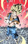  1boy blonde_hair boots commentary_request crossed_arms dragon_ball dragon_ball_z earrings electricity furrowed_brow gloves gradient_background green_eyes highres jewelry male_focus muscular muscular_male potara_earrings red_background rock smile solo super_saiyan vegetto white_footwear white_gloves youngjijii 