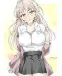  artist_name black_skirt breasts brown_eyes brown_jacket casual conte_di_cavour_(kancolle) dated gakky gradient_background grey_hair jacket kantai_collection large_breasts long_hair long_sleeves looking_at_viewer open_mouth shirt skirt two_side_up white_background white_shirt yellow_background 