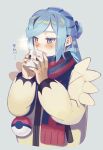  1999420019tk 1boy blue_eyes blue_hair blush commentary_request cup drinking grey_background grusha_(pokemon) hands_up highres holding holding_cup jacket long_sleeves male_focus medium_hair mug poke_ball_print pokemon pokemon_(game) pokemon_sv scarf solo steam striped striped_scarf upper_body yellow_jacket 