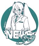  1girl aqua_theme bespectacled collared_shirt commentary english_text glasses hair_between_eyes hair_ornament hatsune_miku haun headphones jacket long_hair looking_at_viewer monochrome nail_polish necktie news_39_(vocaloid) notice_lines shirt simple_background sketch smile solo twintails upper_body very_long_hair vocaloid 