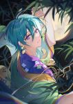  1boy blue_hair clothing_request earrings ensemble_stars! green_robe highres jewelry kazehaya_tatsumi kimey leaf looking_at_viewer looking_back male_focus mole mole_under_eye robe short_hair short_sleeves solo teeth violet_eyes 