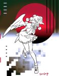  1girl arms_behind_back breasts closed_mouth feathered_wings from_side glitch hat haun pointy_ears pom_pom_(clothes) puffy_short_sleeves puffy_sleeves shameimaru_aya shirt shoes short_hair short_sleeves skirt solo tokin_hat touhou wings 