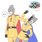  1boy 1girl belt black_gloves blue_cape cape commentary dragon_ball dragon_ball_super dragon_ball_super_super_hero dragon_ball_z dress english_commentary english_text gamma_1 gamma_2 genderswap genderswap_(mtf) gloves great_saiyaman great_saiyaman_2 gun highres holster holstered_weapon index_finger_raised jenxd_d one_eye_closed open_mouth pushing_away pushing_face red_cape short_dress signature son_gohan videl weapon yellow_dress 