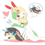  2girls absurdres animal_ears animal_hood bangs black_hair blue_shorts blunt_bangs bob_cut capelet carrying closed_mouth clothed_pokemon colored_skin commentary_request cosplay enden_(pixiv_57969220) extra_mouth fake_animal_ears full_body gardevoir green_hair green_skin hair_between_eyes happy heart highres holding holding_pokemon hood hooded_capelet hug kneeling leaning_forward legs long_hair looking_at_another looking_at_viewer looking_back mawile minun minun_(cosplay) multicolored_skin multiple_girls one_eye_closed open_mouth outline pink_background plusle plusle_(cosplay) pokemon pokemon_(creature) red_eyes sharp_teeth shiny_hair short_hair shorts sidelocks simple_background size_difference sketch smile speech_bubble spoken_character standing sweat teeth two-tone_skin very_long_hair white_background white_outline white_skin yellow_capelet yellow_hairband yellow_shorts yellow_skin 
