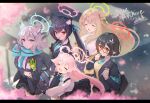  5girls absurdres ahoge animal_ears ayane_(blue_archive) azisai bag black_hair blonde_hair blue_archive blue_eyes blue_necktie cat_ears cherry_blossoms fingerless_gloves glasses gloves grey_hair halo highres hoshino_(blue_archive) multiple_girls necktie nonomi_(blue_archive) pink_hair plaid plaid_skirt pointy_ears red_eyes scarf school_bag serika_(blue_archive) shiroko_(blue_archive) single_glove skirt smile twintails wolf_ears yellow_eyes 