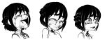  1girl black_hair braid clenched_teeth commentary crying french_braid frown greyscale highres kiyoshi2431 monochrome open_mouth original portrait sad sequential short_hair sobbing streaming_tears tears teeth thick_eyebrows 