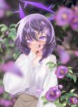  1girl absurdres blue_archive blurry blurry_background blurry_foreground blush braid commentary_request covered_mouth covering_mouth depth_of_field flower hair_between_eyes hair_flower hair_ornament halo hand_up haruka_(blue_archive) highres holding holding_hair leaf long_sleeves looking_at_viewer medium_hair puffy_sleeves purple_flower purple_hair shirt sin_pentagram skirt sleeve_cuffs sleeves_past_wrists slit_pupils solo upper_body violet_eyes white_shirt yellow_skirt 
