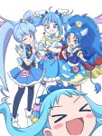  &gt;_&lt; 4girls animal_ears blue_choker blue_eyes blue_gloves blue_hair blue_skirt blush_stickers brooch bubble_skirt cape choker color_connection crown cure_gelato cure_marine cure_princess cure_sky detached_sleeves food gloves hair_ornament happinesscharge_precure! heart heart_brooch heart_hair_ornament heartcatch_precure! highres hirogaru_sky!_precure ice_cream jewelry kirakira_precure_a_la_mode kurumi_erika lion lion_ears lion_tail long_hair magical_girl mihikure06 mini_crown multiple_girls open_mouth pleated_skirt precure puffy_detached_sleeves puffy_sleeves shirayuki_hime shirt simple_background skirt sleeveless sleeveless_shirt smile sora_harewataru tail tategami_aoi twintails two-sided_cape two-sided_fabric very_long_hair vest white_background wing_hair_ornament 