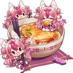  1girl animal_ear_fluff animal_ears artist_request bangs bowl chibi chopsticks clone closed_eyes eating food hanayono_menora highres holding holding_chopsticks indie_virtual_youtuber long_hair multicolored_hair noodles open_mouth pink_hair second-party_source sitting streaked_hair virtual_youtuber 