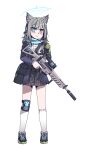  1girl absurdres animal_ear_fluff animal_ears assault_rifle bangs blue_archive blue_eyes blue_jacket blue_scarf blush bulletproof_vest closed_mouth commentary_request cross_hair_ornament extra_ears full_body grey_hair gun hair_ornament halo headset highres holding holding_gun holding_weapon jacket karepack knee_pads kneehighs long_sleeves looking_at_viewer magazine_(weapon) medium_hair mismatched_pupils plaid plaid_skirt plate_carrier pleated_skirt revision rifle scarf school_uniform shiroko_(blue_archive) shoes sig_sauer sig_sauer_556 single_knee_pad skirt smile socks solo standing striped striped_scarf transparent_background weapon white_socks wolf_ears 