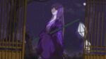  1girl bare_tree closed_mouth door dress fan_yu_xi highres lantern long_hair long_sleeves looking_up moon night own_hands_together purple_dress purple_hair qin_shi_ming_yue shao_siming_(qin_shi_ming_yue) smile solo star_(sky) tree upper_body violet_eyes 
