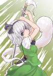  1girl bangs black_hairband black_ribbon breasts commentary_request cowboy_shot dated fighting_stance ghost green_background green_eyes green_skirt green_vest grey_hair hair_ribbon hairband highres hitodama_print katana kei_jiei konpaku_youmu konpaku_youmu_(ghost) looking_at_viewer looking_back medium_breasts open_mouth puffy_short_sleeves puffy_sleeves ribbon scabbard sheath shiny_skin shirt short_hair short_sleeves skirt skirt_set solo sword touhou vest weapon white_background white_shirt 