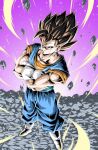  1boy black_eyes boots brown_hair commentary_request crossed_arms dragon_ball dragon_ball_z earrings furrowed_brow gloves gradient_background highres jewelry male_focus muscular muscular_male potara_earrings purple_background rock smile solo vegetto white_footwear white_gloves youngjijii 