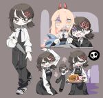  2girls absurdres apron bangs black_apron black_bow black_bowtie black_hair black_jacket black_necktie black_pants blonde_hair blue_jacket bow bowtie burger chainsaw_man closed_eyes collared_shirt cross-shaped_pupils crying dancing dmebgsa3 fangs food formal french_fries grey_background hair_between_eyes hair_ornament hairclip higashiyama_kobeni highres holding holding_knife holding_tray horns jacket knife long_hair looking_at_viewer looking_to_the_side medium_hair multiple_girls necktie off_shoulder open_mouth pants power_(chainsaw_man) red_horns shaded_face shirt shirt_tucked_in short_hair short_ponytail simple_background single_sidelock spoken_skull suit suit_jacket sweat swept_bangs symbol-shaped_pupils tray wavy_mouth white_shirt yellow_eyes 