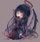  1girl black_dress black_nails blue_archive commentary dress fangs halo highres looking_at_viewer nikorashi-ka red_eyes simple_background solo torn_clothes tsurugi_(blue_archive) wings 