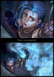  1girl arcane:_league_of_legends arcane_jinx arm_up blue_eyes blue_hair braid commentary different_shadow english_commentary english_text foreshortening frown highres holding jinx_(league_of_legends) league_of_legends long_hair powder_(arcane) shadow signature solo very_long_hair vesta_zc 