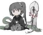  1other adagumo_no_yaorochi androgynous bangs beiked204 black_eyes black_hair black_hakama hakama highres japanese_clothes kimono len&#039;en long_hair montsuki-hakama multiple_tails side_ponytail snake_tail tail tasouken uchikake white_background 