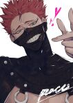  1boy black_clover black_mask blue_eyes eyebrow_piercing hair_strand highres looking_at_viewer male_focus mask mouth_mask open_mouth oss21 piercing redhead sharp_teeth short_hair simple_background smile solo teeth white_background zora_ideale 