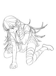  1girl absurdres adjusting_hair apron bandaged_arm bandaged_leg bandages bandaid bandaid_on_knee bandaid_on_leg bangs clenched_hand closed_mouth danganronpa_(series) danganronpa_2:_goodbye_despair flowercz greyscale hand_up highres long_hair monochrome pleated_skirt puffy_short_sleeves puffy_sleeves shoes short_sleeves skirt solo sweat tsumiki_mikan 