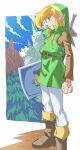  1boy absurdres belt blonde_hair blue_eyes blue_sky boots brown_footwear castle clouds day green_headwear green_tunic hat highres holding holding_shield link long_sleeves male_focus mountain outdoors pants pointy_ears pretty-purin720 shield sidelocks sky solo standing sword the_legend_of_zelda tree triforce weapon white_pants 