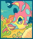  blue_pupils bruxish chocodiley coral fish outdoors parted_lips pink_eyes pokemon pokemon_(creature) sharp_teeth solo sparkle teeth underwater 