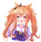  1girl :d alternate_hairstyle animal_ears bangs black_ribbon blue_bow blue_shirt blush bow cropped_torso ear_ribbon hair_between_eyes highres horse_ears ittokyu mayano_top_gun_(umamusume) orange_eyes orange_hair puffy_short_sleeves puffy_sleeves ribbon shirt short_sleeves signature simple_background smile solo twintails umamusume upper_body white_background 