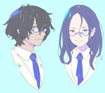  1boy 1girl ahoge bangs black_hair blue-framed_eyewear blue_archive blue_background blue_hair blue_necktie closed_mouth collared_shirt cropped_torso dark-skinned_male dark_skin enkyo_yuuichirou female_sensei_(blue_archive) forehead glasses hair_over_one_eye highres jacket looking_at_viewer multicolored_hair necktie parted_bangs portrait purple_hair red_eyes semi-rimless_eyewear sensei_(blue_archive) shirt simple_background smile streaked_hair under-rim_eyewear white_jacket white_shirt 