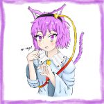  1girl animal_ears breasts cat_ears cat_tail fang hairband highres komeiji_satori purple_hair r4bb2t self-upload short_hair simple_background small_breasts solo tail third_eye touhou violet_eyes 