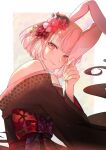  1girl animal_ears bare_shoulders eden_(eden871225) flower hair_flower hair_ornament highres hololive hololive_english japanese_clothes kimono looking_at_viewer mori_calliope obi official_alternate_costume pink_eyes pink_hair rabbit_ears sash short_hair solo virtual_youtuber 