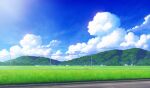  akairyokucha bench blue_sky building clouds commentary cumulonimbus_cloud day field grass highres hill house landscape mountainous_horizon no_humans original outdoors path power_lines road rural scenery sky summer tree 