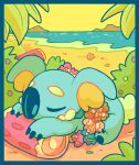  beach bush chocodiley closed_eyes day flower flower_necklace komala lei no_humans outdoors pokemon pokemon_(creature) sand seashell shell sleeping yellow_sky 