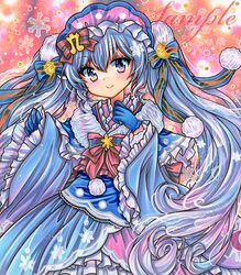  1girl bangs blue_dress blue_eyes blue_gloves blue_hair blue_ribbon bow closed_mouth cowboy_shot crescent crescent_hair_ornament dress frills gloves hair_between_eyes hair_ornament hair_ribbon hatsune_miku headdress light_blue_hair light_blush long_hair long_sleeves looking_at_viewer marker_(medium) pink_bow pom_pom_(clothes) ribbon rui_(sugar3) sample_watermark smile solo standing striped striped_ribbon traditional_media twintails very_long_hair vocaloid wide_sleeves yuki_miku yuki_miku_(2023) 