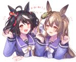  2girls ahoge alternate_hairstyle animal_ears bangs black_hair blue_shirt bow brown_hair cropped_torso hair_between_eyes horse_ears ittokyu kitasan_black_(umamusume) long_hair long_sleeves multicolored_hair multiple_girls orange_eyes red_eyes romaji_text satono_diamond_(umamusume) shirt signature simple_background streaked_hair translated two-tone_hair two_side_up umamusume upper_body white_background white_bow white_hair 