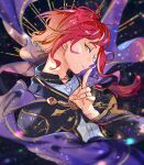  1boy black_jacket cape ensemble_stars! facing_to_the_side finger_to_mouth hashima_(hashima-dr) jacket jewelry long_sleeves looking_at_viewer male_focus multicolored_hair necklace purple_cape redhead sakasaki_natsume short_hair shushing solo white_hair yellow_eyes 