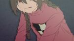  1girl @_@ bags_under_eyes biting blurry braid brown_hair crying crying_with_eyes_open depth_of_field grey_background hair_tie lip_biting long_hair m_hikarino madotsuki pink_sweater red_eyes solo sweater tears twin_braids yume_nikki 