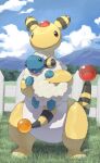  ampharos brown_eyes carrying closed_mouth clouds commentary day evolutionary_line fence grass highres makoto_ikemu mareep mountain open_mouth outdoors pokemon pokemon_(creature) signature sky smile standing 
