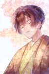  axis_powers_hetalia bangs blurry blurry_background brown_hair closed_eyes dappled_sunlight highres japan_(hetalia) japanese_clothes kimono kotokoto_tmk open_mouth short_hair solo sunlight 